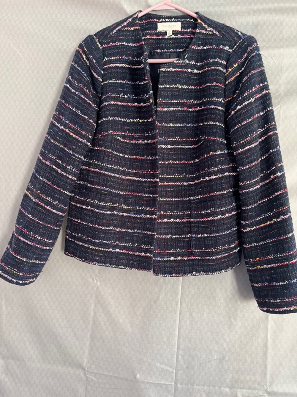 Talbots Navy Tweed Collarless Blazer with Multicolor Stripes